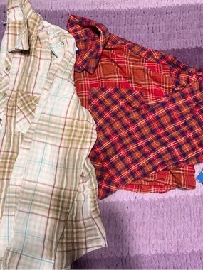 Two Plaid Button-Up Shirts - Red/Orange & Beige/Tan